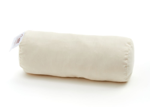 Long tubular pillow with an undyed cotton zippered encasement meant as neck pillow.