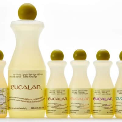 Eucalan Delicate Wash Bottles (from left to right); small Wrapture, large Natural, small Natural, small Grapefruit, small Lavender, small Eucalyptus