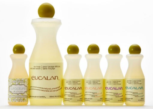 Eucalan Delicate Wash Bottles (from left to right); small Wrapture, large Natural, small Natural, small Grapefruit, small Lavender, small Eucalyptus